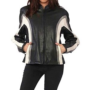 UNIK Leather Black With White Gray Striped Racing Biker  Vintage Retro Jacket M